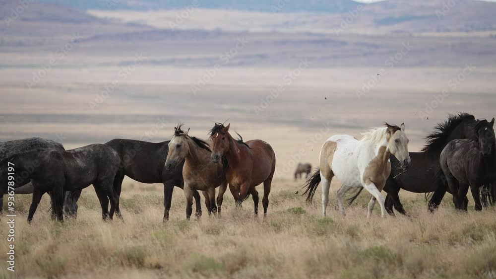 Wild horses moving through the herd in the vast landscape in the Utah desert. Wild horses moving through the herd in the vast landscape in the Utah desert.