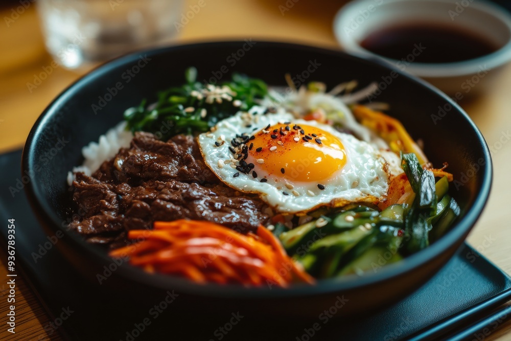 Bibimbap, A mixed rice dish with assorted vegetables, beef, a fried egg, and gochujang (Korean chili paste). Bibimbap, A mixed rice dish with assorted vegetables, beef, a fried egg, and gochujang (Korean chili paste).