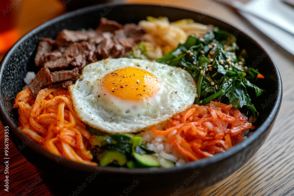 Bibimbap, A mixed rice dish with assorted vegetables, beef, a fried egg, and gochujang (Korean chili paste). Bibimbap, A mixed rice dish with assorted vegetables, beef, a fried egg, and gochujang (Korean chili paste).