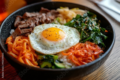 Bibimbap, A mixed rice dish with assorted vegetables, beef, a fried egg, and gochujang (Korean chili paste).