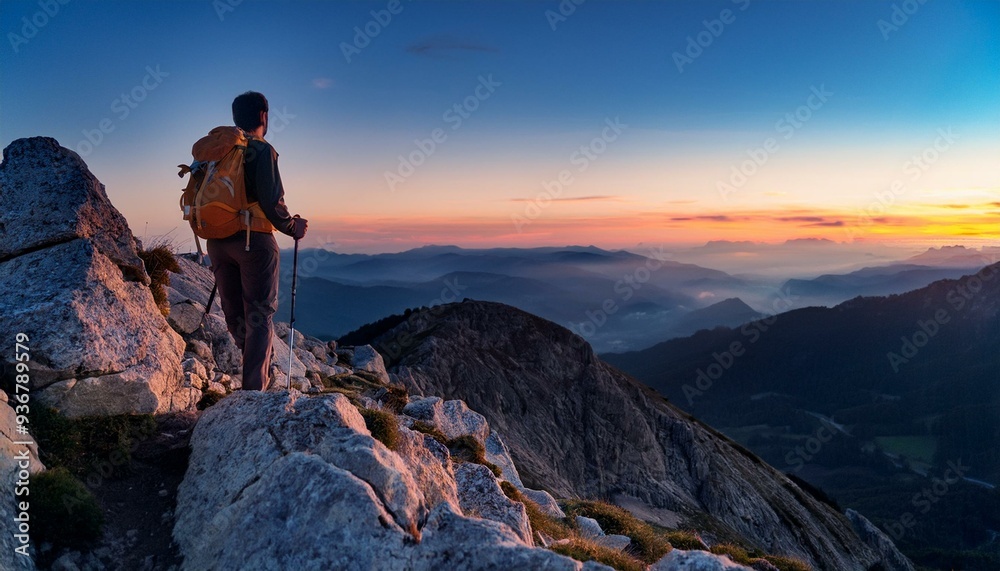 A man dressed in hiking gear stands on the mountain peak, soaking in the sunrise as he looks out over the stunning panorama of fog-enshrouded mountains. A man dressed in hiking gear stands on the mountain peak, soaking in the sunrise as he looks out over the stunning panorama of fog-enshrouded mountains.