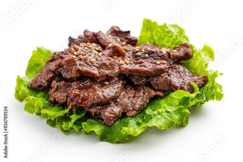 Bulgogi, Marinated and grilled beef, often served with lettuce wraps and ssamjang (a thick, spicy paste). Isolated on White Background photo