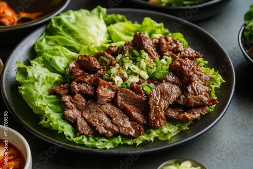 Bulgogi, Marinated and grilled beef, often served with lettuce wraps and ssamjang (a thick, spicy paste). photo