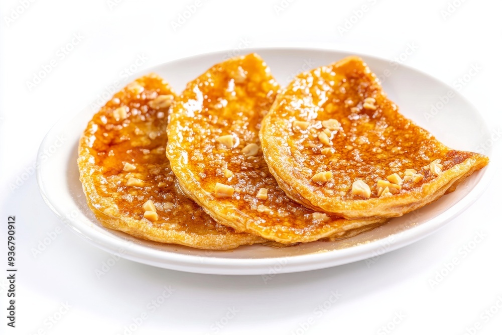 Hoddeok , Sweet pancakes filled with brown sugar, honey, chopped peanuts, and cinnamon, often sold as street food. Isolated on White Background Hoddeok , Sweet pancakes filled with brown sugar, honey, chopped peanuts, and cinnamon, often sold as street food. Isolated on White Background