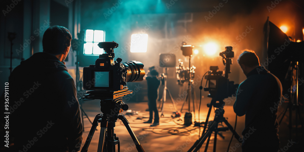 Fototapeta premium Silhouettes of people working in a studio using equipment and lighting for film or commercial production. Set is illuminated with spectacular lighting using professional camera equipment