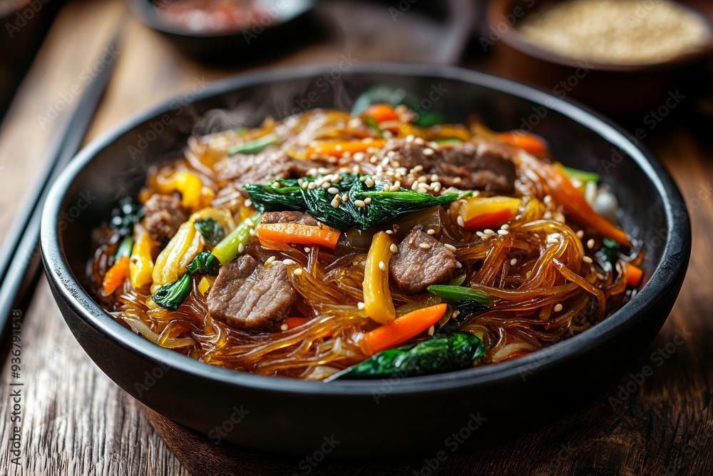 Japchae, A dish made from sweet potato noodles stir-fried with vegetables, meat, and seasoned with soy sauce and sesame oil. Japchae, A dish made from sweet potato noodles stir-fried with vegetables, meat, and seasoned with soy sauce and sesame oil.