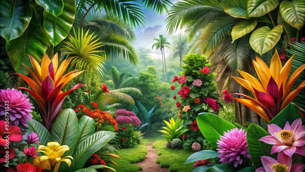 Lush greenery abounds in this tropical setting, surrounded by blooming flowers and vibrant hues, with natural materials blending seamlessly into the atmosphere. Lush greenery abounds in this tropical setting, surrounded by blooming flowers and vibrant hues, with natural materials blending seamlessly into the atmosphere.