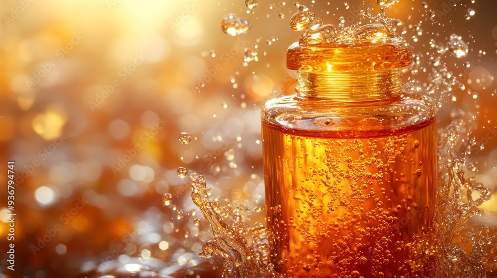 Golden perfume bottle with splash - generative ai