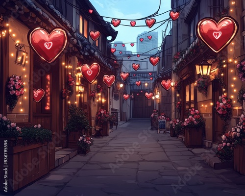 Charming Narrow Street Adorned with Heart Decorations and Twinkling Lights for Romantic Nighttime Strolls in Quaint Old Town Setting photo