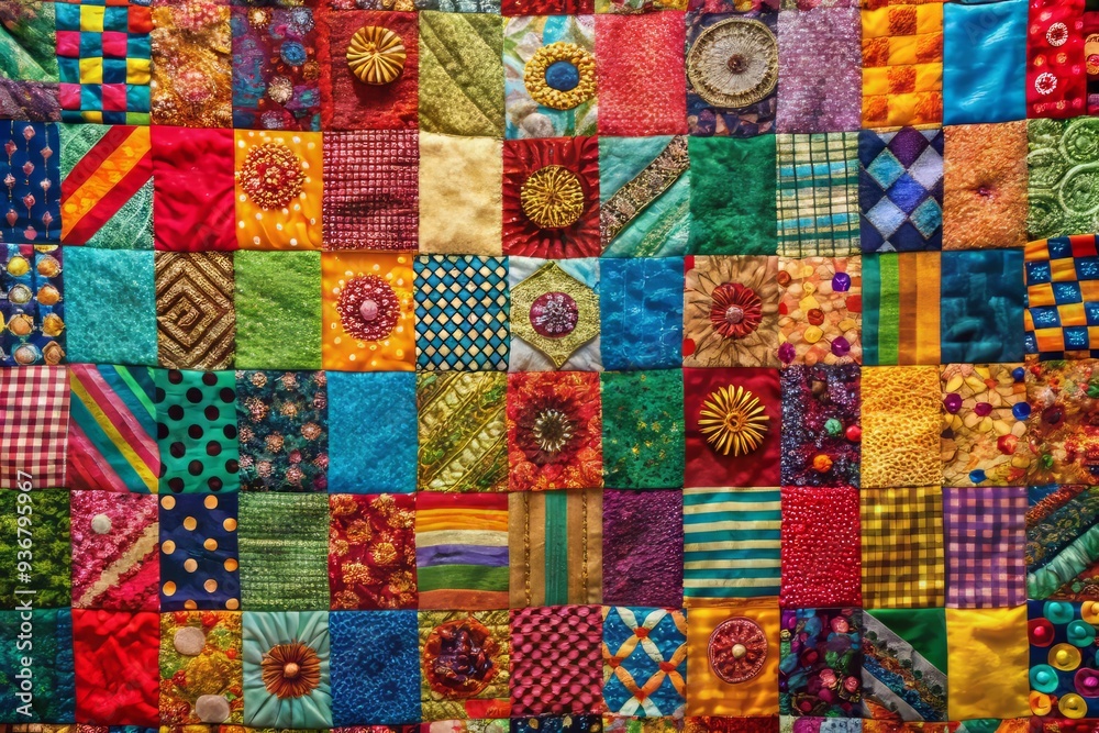 Mismatched square fabrics come together in a vibrant, eclectic quilt radiating bold colors and a free-spirited bohemian charm. Mismatched square fabrics come together in a vibrant, eclectic quilt radiating bold colors and a free-spirited bohemian charm.