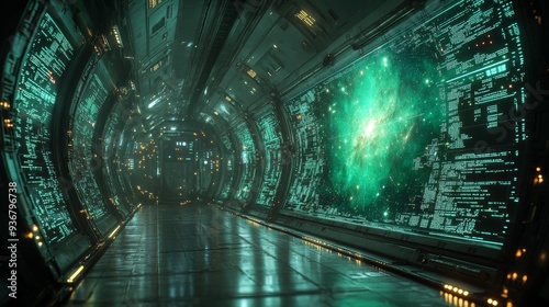 Fototapeta Naklejka Na Ścianę i Meble -  Futuristic space station corridor with glowing green data panels - generative ai