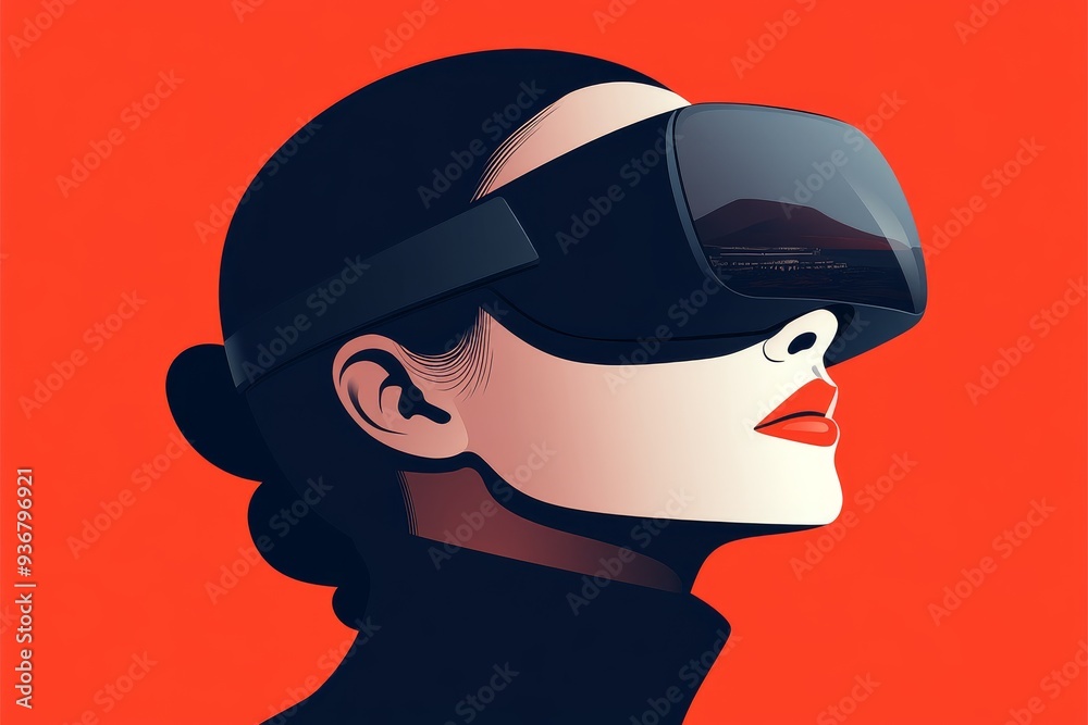 A minimalistic pop art style illustration of a woman in a VR headset against a bold red background capturing the sleek futuristic essence of technology with a strong visual impact A minimalistic pop art style illustration of a woman in a VR headset against a bold red background capturing the sleek futuristic essence of technology with a strong visual impact