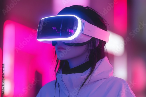 A young woman in a vibrant pink lit space wearing a VR headset immerses herself in a futuristic digital world that blends fashion technology and neon aesthetics