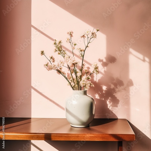 Elegant Pink Blossoms in a White Vase on Wooden Table with Soft Shadows - Peaceful Home Decor and Interior Design Photography