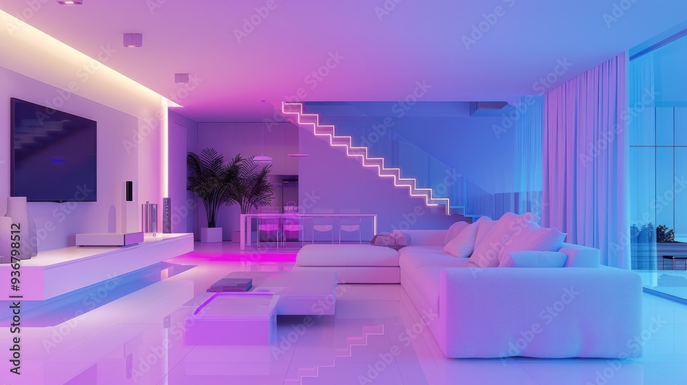 Modern Living Room with Neon Lights and White Furniture Modern Living Room with Neon Lights and White Furniture