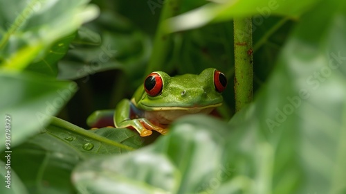 Red-Eyed Tree Frog Hiding Among Lush Greenery