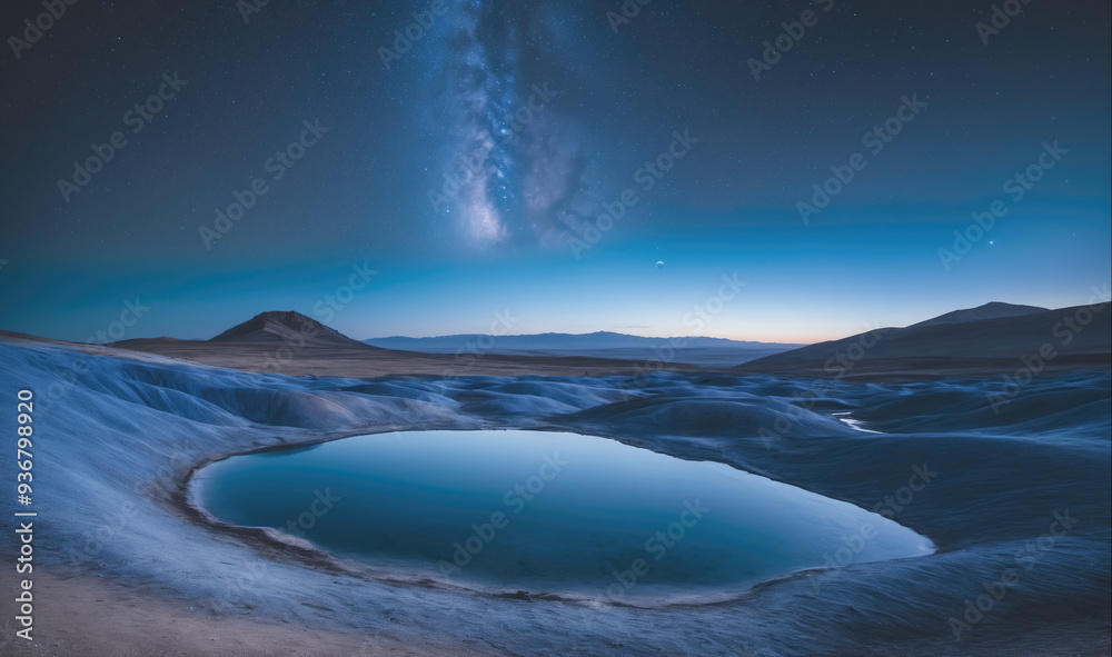A blue lake sits in a crater in the desert under a starry night sky A blue lake sits in a crater in the desert under a starry night sky