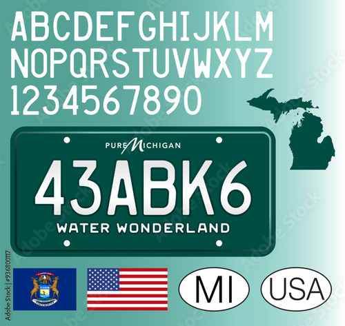 Michigan car license plate, green vintage old style, United States of America, letters, numbers and symbols vector illustration