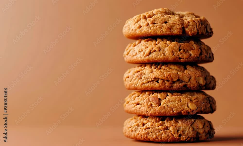 A stack of oatmeal cookies on a warm tan background