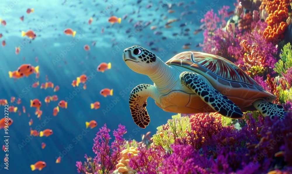 Obraz premium Sea turtle swims in a coral reef with colorful fish.