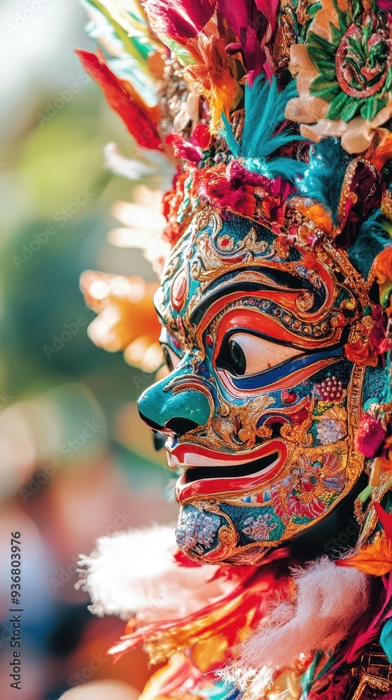 A beautifully designed traditional mask showcases intricate patterns and vivid colors, worn during a festive cultural event outdoors A beautifully designed traditional mask showcases intricate patterns and vivid colors, worn during a festive cultural event outdoors