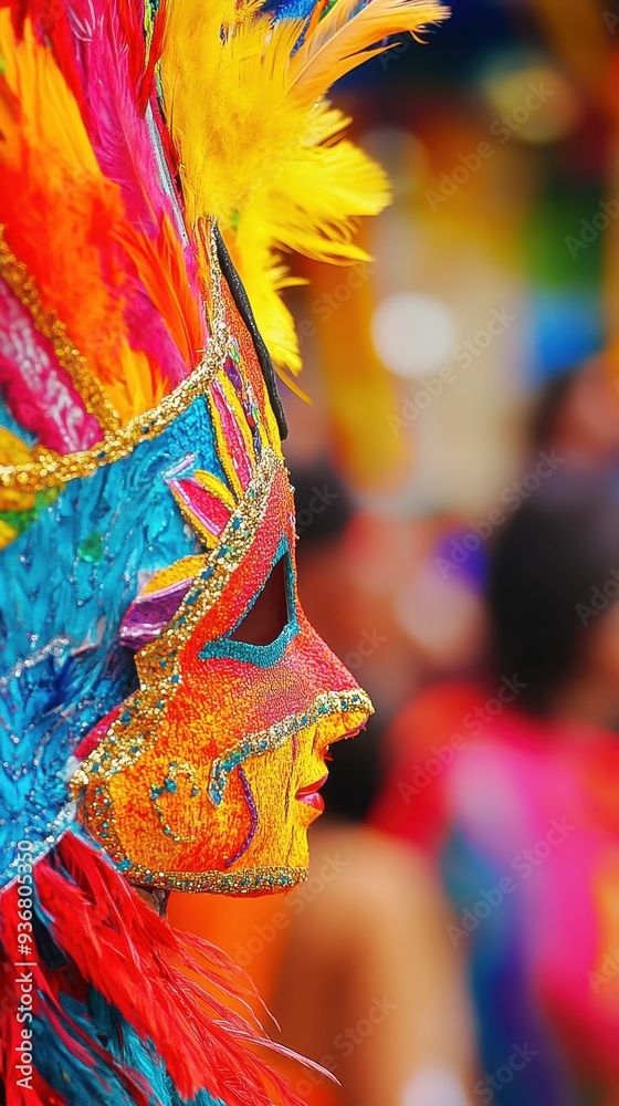 A stunning traditional mask featuring bright colors and feathers, showcased during a lively cultural festival, highlighting artistic expression A stunning traditional mask featuring bright colors and feathers, showcased during a lively cultural festival, highlighting artistic expression