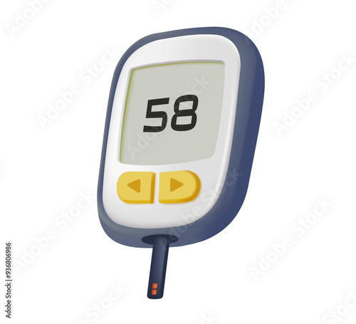 Diabetes illustration. Glucometer check blood sugar level with glucometer and diabetic insulin pump. Character with diabetes receiving treatment against disease. 3D style Vector illustration