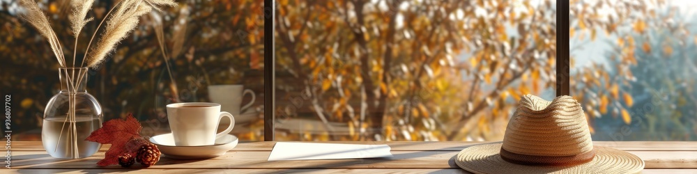 Autumn-inspired mockup featuring a blank paper card, a coffee cup, seasonal decorations, dried flax grass in a vase, and a chic woman's hat arranged on a wooden table. Autumn-inspired mockup featuring a blank paper card, a coffee cup, seasonal decorations, dried flax grass in a vase, and a chic woman's hat arranged on a wooden table.