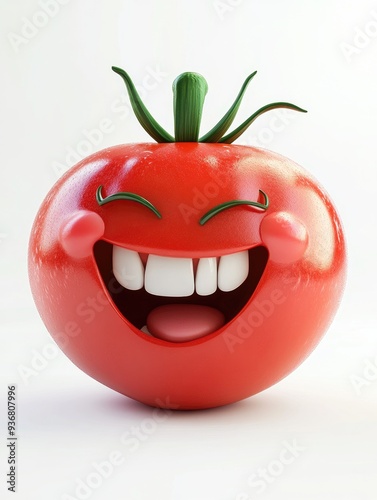 A cartoon tomato with a big smile, showing his white teeth, isolated on a white background.