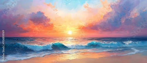 Wallpaper Mural Tranquil sunset beach, vibrant sky, gentle shore waves, oil painting technique, soft brush application Torontodigital.ca