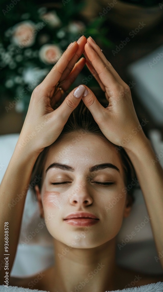 Obraz premium A woman lies peacefully with eyes closed as hands gently apply pressure on her head, enjoying a soothing wellness treatment in a tranquil, lush setting