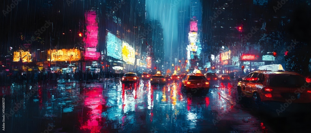 Stormy night cityscape, dramatic rain pouring, wet streets reflecting neon lights, expressive brushstrokes, oil painting, hand brush effect Stormy night cityscape, dramatic rain pouring, wet streets reflecting neon lights, expressive brushstrokes, oil painting, hand brush effect