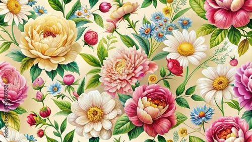 Vibrant floral pattern featuring intertwined peonies, roses, and daisies on a soft cream background, evoking a sense of springtime elegance and sophistication.