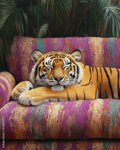 Relaxed Tiger on Colorful Couch in Lush Setting