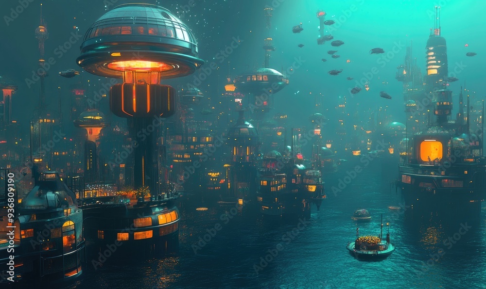 Obraz premium A futuristic city built on water with illuminated buildings, structures, and a boat.