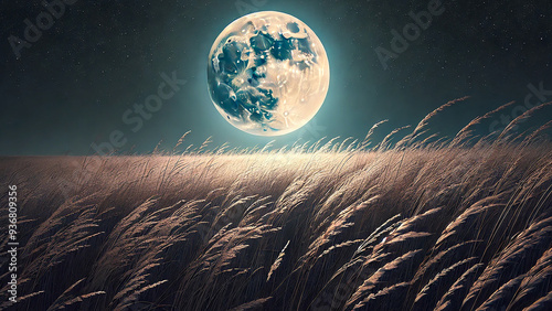 Full moon shining over a vast prairie, with the tall grasses swaying gently