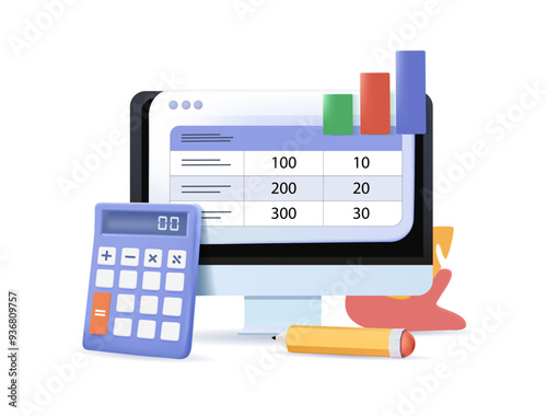 Financial report illustration 3D style. Analyzing charts, balance sheet, income statement and other business data. Financial management concept. Vector illustration