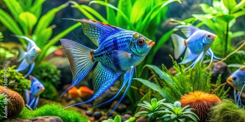 Vibrant freshwater aquarium features blue marbled angelfish swimming among lush green plants, decorative snags, and polished green stones, creating a serene underwater oasis. photo