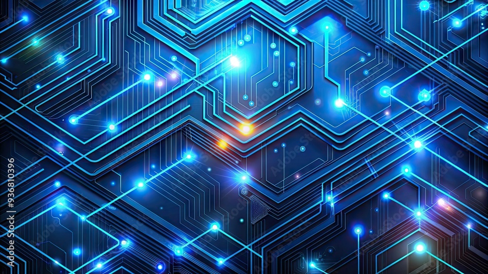 Vibrant futuristic blue circuit board pattern with glowing neon lines, abstract technological elements, and minimalist geometric shapes, conveying innovation and digital connectivity. Vibrant futuristic blue circuit board pattern with glowing neon lines, abstract technological elements, and minimalist geometric shapes, conveying innovation and digital connectivity.