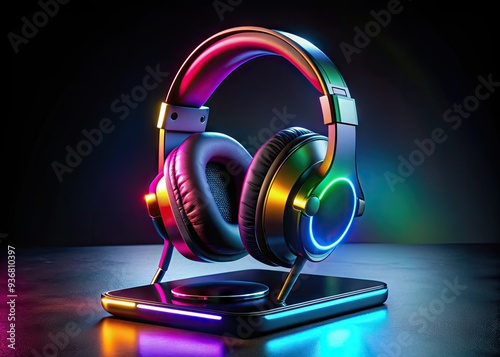 Vibrant gaming headset with colorful LED lights rests on a sleek mobile phone stand, surrounded by dark shadows, against a plain black background. photo