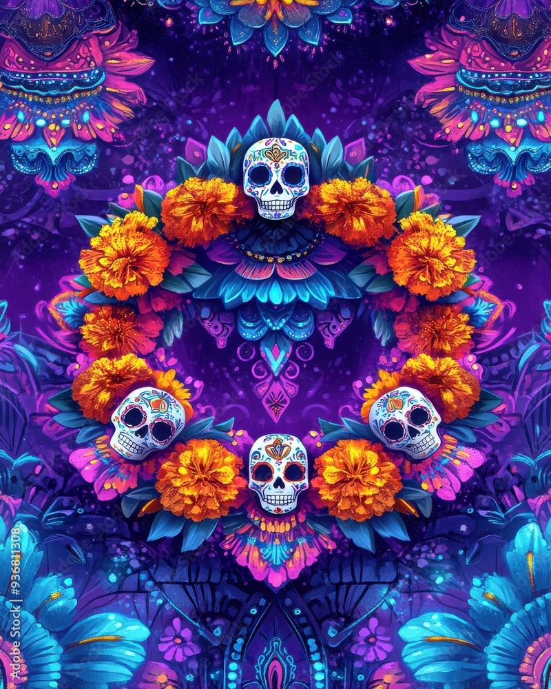 Colorful Day of the Dead Artistic Skull and Marigold Pattern with Vibrant Flowers and Intricate Details in Purple and Blue Colorful Day of the Dead Artistic Skull and Marigold Pattern with Vibrant Flowers and Intricate Details in Purple and Blue