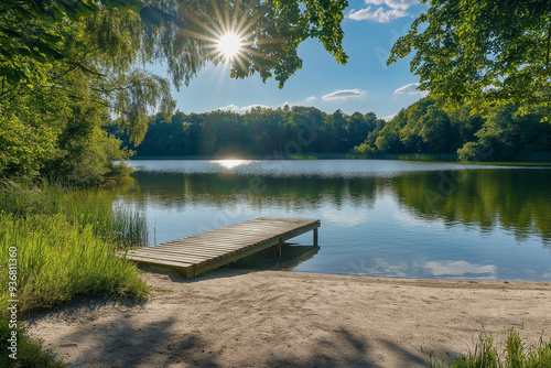 beautiful large lake with a small sandy beach with a wooden pier surrounded by forest, generative AI