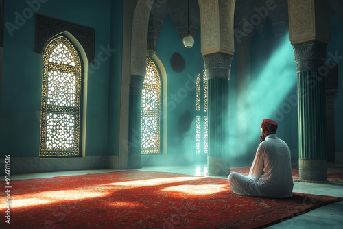 pious muslim man prays in mosque, generative AI