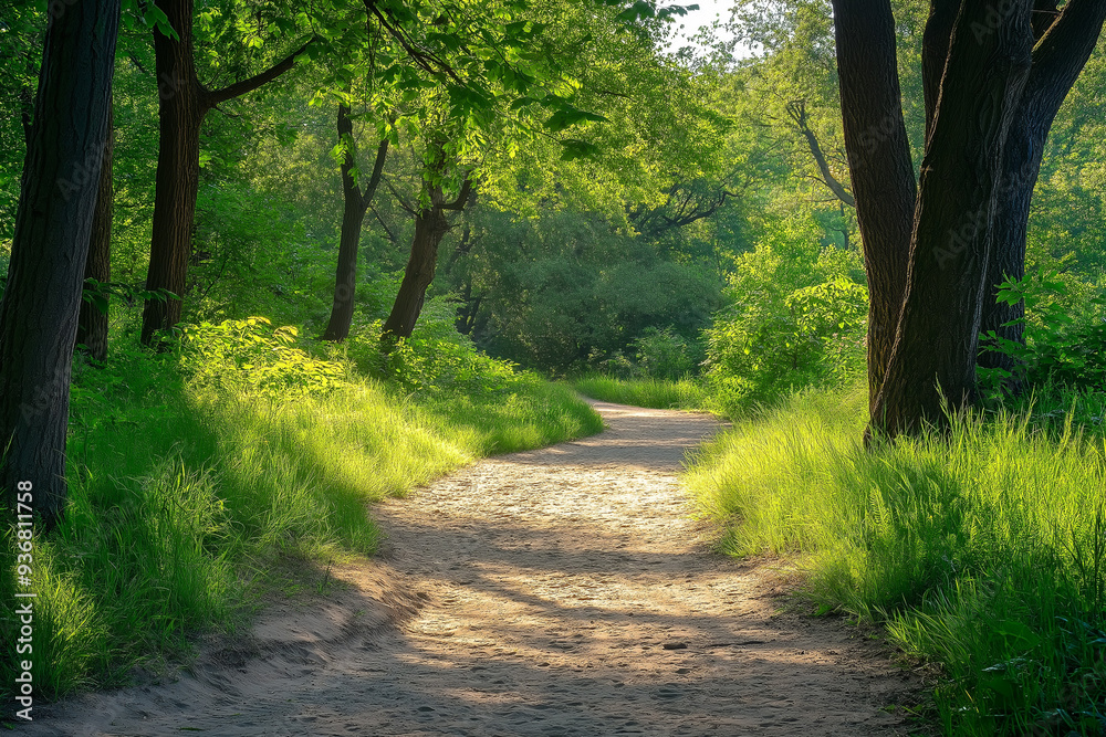 Naklejka premium forest sand road in beautiful green forest in summer, generative AI