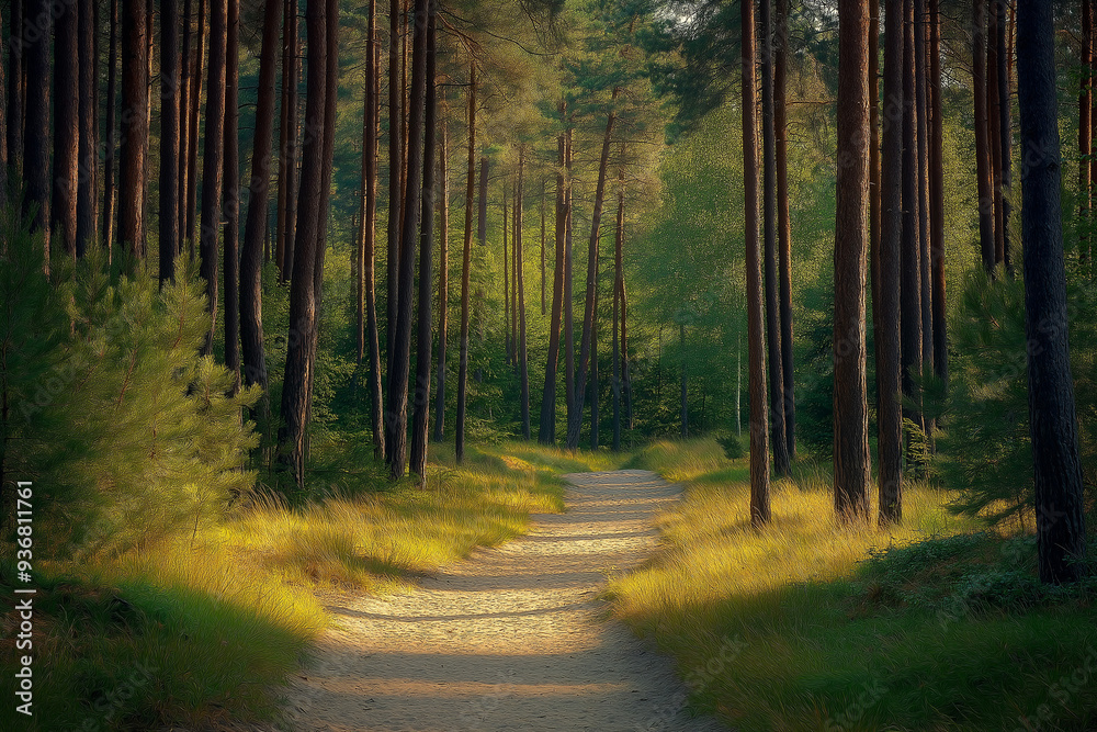 Fototapeta premium forest sand road in beautiful green forest in summer, generative AI