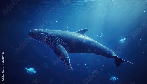A humpback whale swims through the deep blue ocean with a few fish, sunlight beaming down.