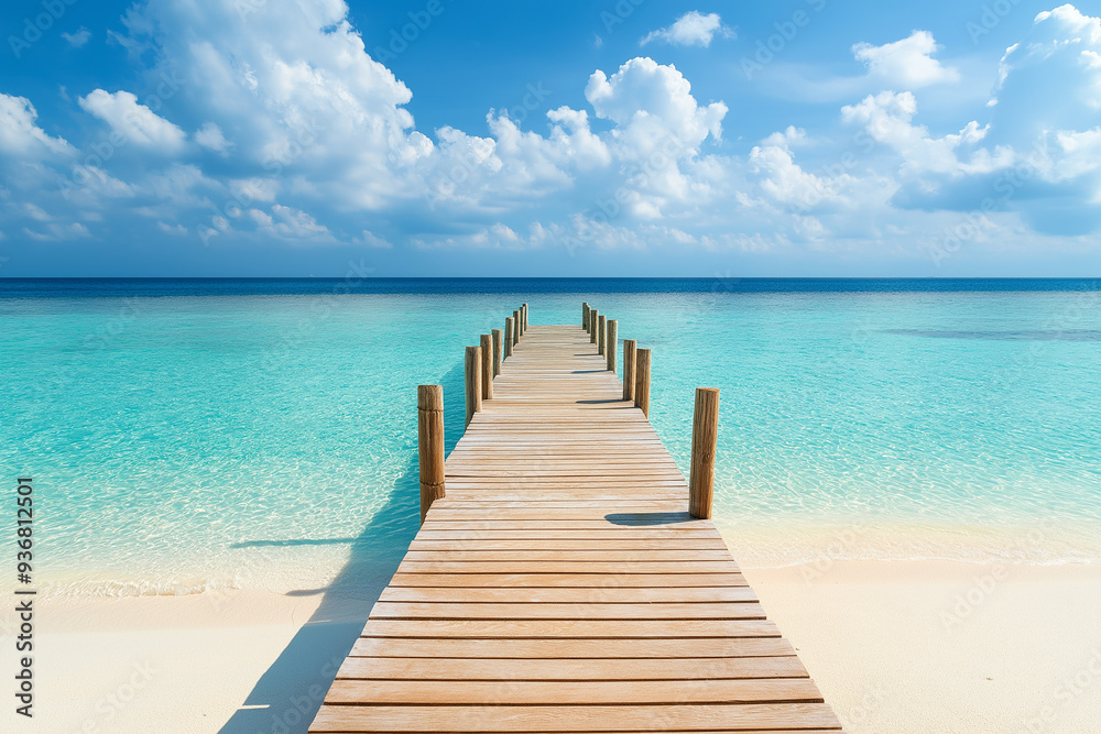 light wooden jetty on a beautiful clear turquoise ocean on a beach in the Maldives, wallpaper, generative AI light wooden jetty on a beautiful clear turquoise ocean on a beach in the Maldives, wallpaper, generative AI