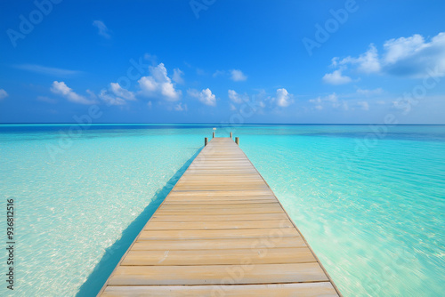 light wooden jetty on a beautiful clear turquoise ocean on a beach in the Maldives, wallpaper, generative AI