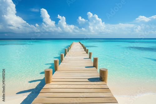 light wooden jetty on a beautiful clear turquoise ocean on a beach in the Maldives, wallpaper, generative AI