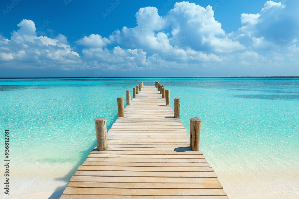 light wooden jetty on a beautiful clear turquoise ocean on a beach in the Maldives, wallpaper, generative AI light wooden jetty on a beautiful clear turquoise ocean on a beach in the Maldives, wallpaper, generative AI
